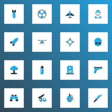 Savaş simgeler renkli kümesiyle mezar, askeri, dinamit ve diğer topçu öğeleri. İzole vektör çizim mücadele simgeler.