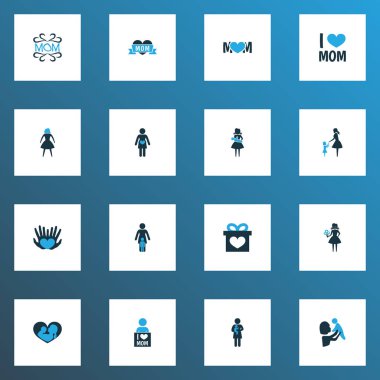 Anneler günü simgesi renkli tasarım konsepti. 16 tane gibi öğeleri sevgi dolu, avuç içi ve yeni doğmuş bebek olarak ayarlayın. Anne, kadın ve bakım için güzel sembolleri.
