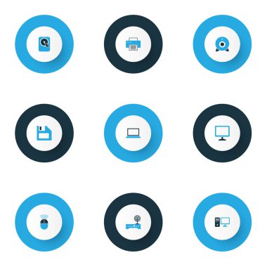 Donanım simgeleri dizüstü bilgisayar, sabit disk, Pc ve diğer defter öğeleri kümesiyle renkli. İzole vektör çizim donanım simgeleri.