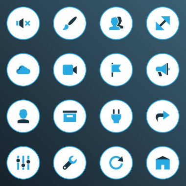 Duyuru, grup, kullanıcı ve diğer depolama öğeleri kümesiyle renkli simgeler arabirim. İzole vektör çizim arayüzü simgeler.