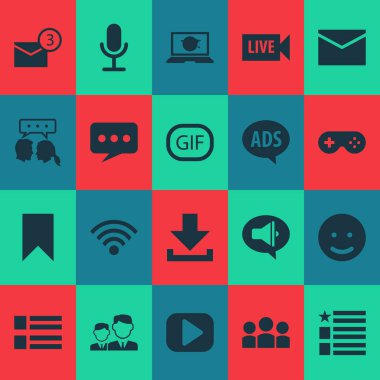 Media icons set with feed, microphone, message and other advertising elements. Isolated vector illustration media icons.