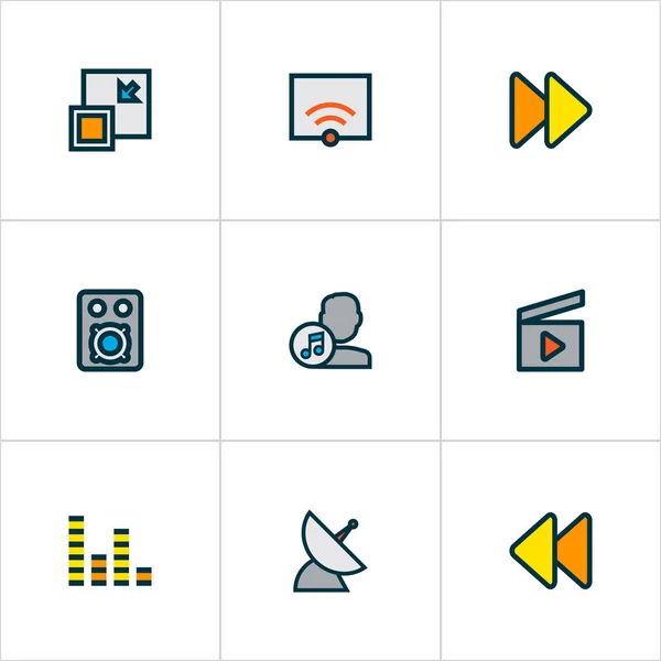 Ícones de mídia colorido conjunto de linha com mixer de áudio, avançar rápido, artista e outros elementos seguintes. Ícones isolados de mídia de ilustração vetorial . — Vetor de Stock