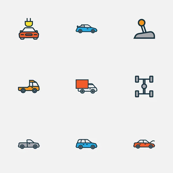 Auto iconos de color conjunto de línea con distancia entre ejes, tesla, crossover y otros elementos de nivel. Iconos de auto ilustración vectorial aislado . — Vector de stock