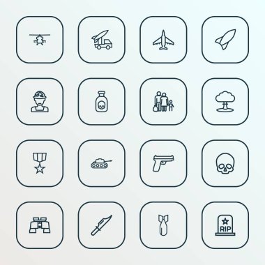 Savaş kutsal kişilerin resmi stil asker, kafatası, topçu ve diğer kesici öğeleri kümesi satır. İzole vektör çizim savaş simgeler.