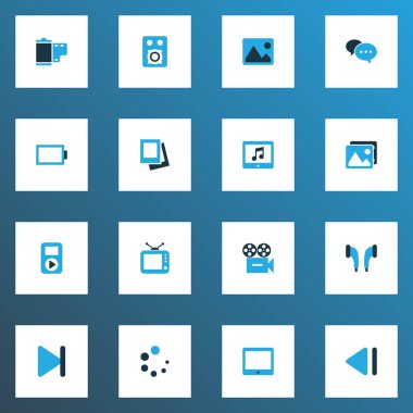 Multimedya simgeler resim, sonunda, yavaş geriye dönük ve diğer resim öğeleri kümesi renkte. İzole vektör çizim Multimedya simgeler.