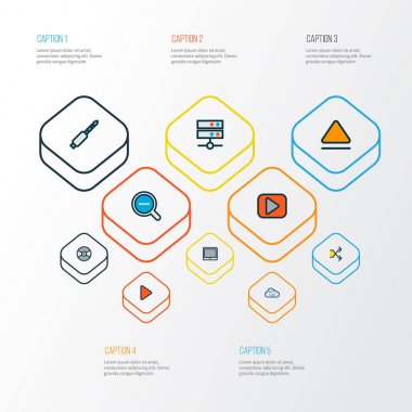 Müzik simgeler shuffle, oyun, jack ve diğer ses öğeleri ile ayarla satır renkte. İzole vektör illüstrasyon müzik simgeleri.