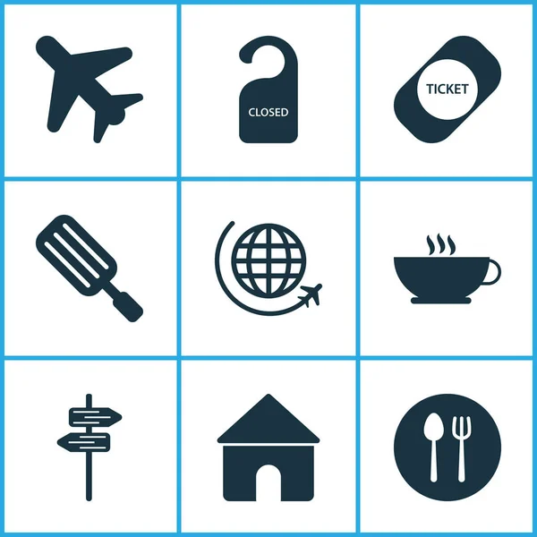 Utazás ikonok beállítása, evőeszközök, ház, mutatók és cappuccino elemeivel. Elszigetelt vektoros illusztráció utazás ikonok. — Stock Vector