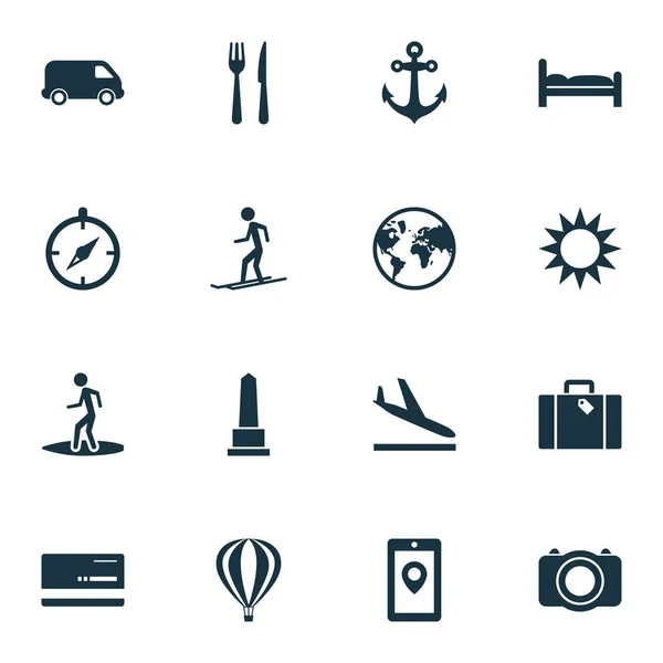 Resa ikoner set med flygplan, skidåkare, monument och andra kameran element. Isolerade vektor illustration resa ikoner. — Stock vektor