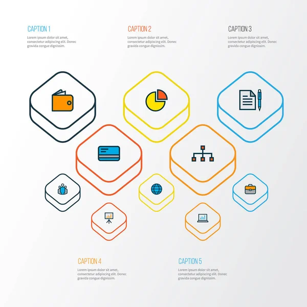 Icoane de afaceri linie colorată set cu numerar, sac, contract și alte elemente de prezentare panou publicitar. Icoane de afaceri izolate vectoriale ilustrații . — Vector de stoc