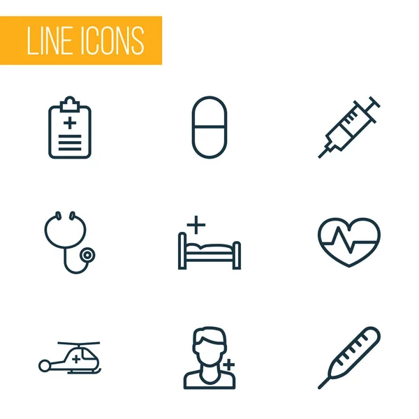 Iconos de medicina conjunto de estilo de línea con estetoscopio, clínica, cuestionario y otros elementos auditivos. Iconos de medicina de ilustración vectorial aislado . — Vector de stock