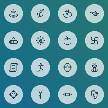 Manevi simgeler Stil kümesi Hinduizm, hindu insan, mum yoga poz öğeleri satır. İzole vektör çizim manevi simgeler.