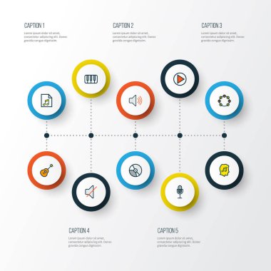 Multimedya simgeler renkli çizgi film müziği, vinil, fanatik ve diğer liste öğeleri ayarlayın. İzole vektör çizim Multimedya simgeler.