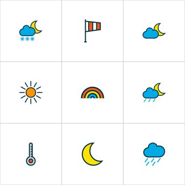 Hava simgeleri renkli çizgi ay ışığı, alacakaranlık, gece yarısı ve diğer ölçek öğeleri ile ayarla. İzole vektör çizim hava durumu simgeleri.