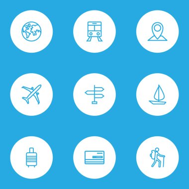 Yolculuk simgeler stil turist, yön tabelası, banka kartı ve diğer Gezgin öğeleri kümesi satır. İzole vektör çizim yolculuk simgeler.