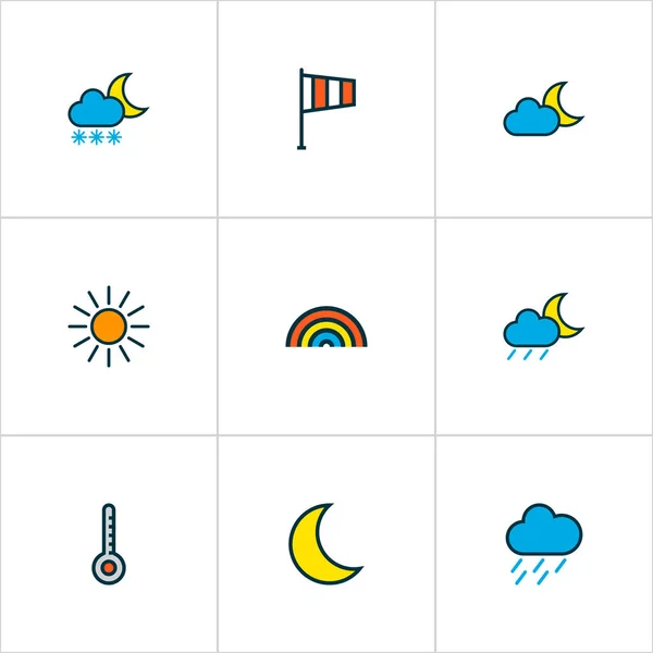 Ícones meteorológicos linha colorida definida com lunar, crepúsculo, meia-noite e outros elementos escala. Isolado vetor ilustração ícones meteorológicos . —  Vetores de Stock