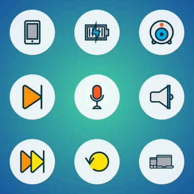 Multimedya simgeler renkli çizgi sonu, smartphone, hoparlör ve diğer cep telefonu ile öğeleri ayarlayın. İzole vektör çizim Multimedya simgeler.