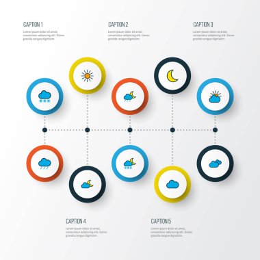 Ay ışığı ile güneş, bulutlu ve diğer ayarla hava simgeleri renkli çizgi öğeleri dondur. İzole vektör çizim hava durumu simgeleri.