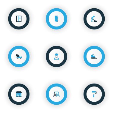 Simgeler bina Beton mikseri, pencere, inşaat işçisi ve diğer boya silindiri öğeleri kümesiyle renkli. Simgeler bina izole vektör çizim.