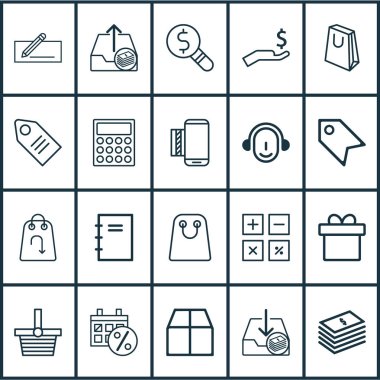 E-ticaret simgeler kağıt torba, parsel, transfer para ve diğer mobil servis elemanları ile ayarlayın. İzole vektör çizim e-ticaret simgeler.