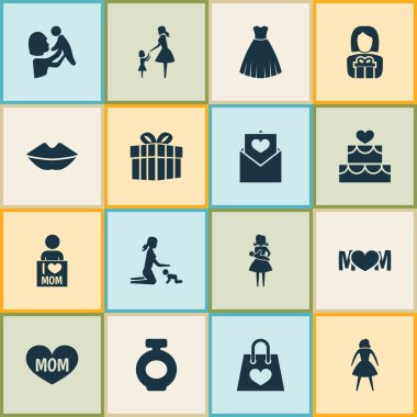 Anneler günü simgesi tasarım konsepti. 16 tane gibi öğeleri parsel, dudaklar ve zarf ayarlayın. Anne, kalp ve anne için güzel sembolleri.