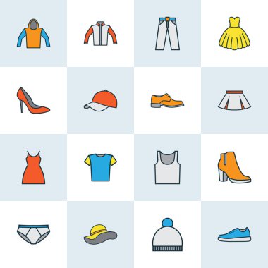 Simgeler renkli çizgi ile lastikbotlar, kapüşonlu, elbise ve diğer elbise öğeleri ayarla elbise. İzole vektör çizim elbise simgeler.