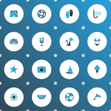 Yaz simgeler kümesi bikini, sorbe, gemi ve diğer kamera öğeleri ile renkli. İzole vektör çizim yaz simgeler.