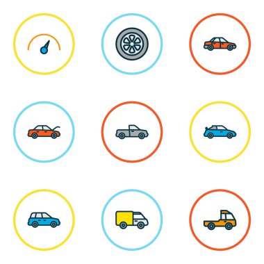 Araba simgeler renkli çizgi crossover, başlık, van ve diğer araba öğeleri ile ayarla. İzole vektör çizim araba simgeler.
