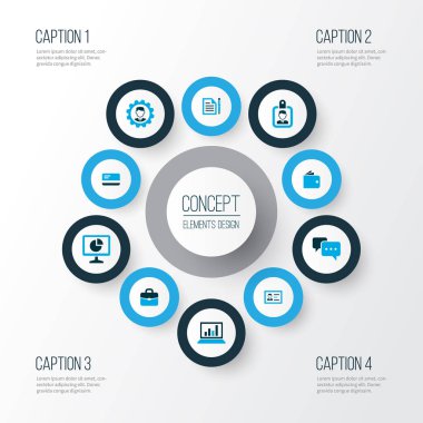 İş İkonları/Simgeleri analitik kümesiyle, kimlik, mühendis ve diğer portföy öğeleri renkli. İzole vektör illüstrasyon iş ikonları/simgeleri.
