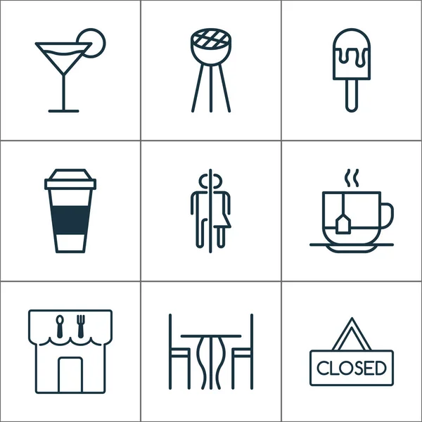 Comer ícones conjunto com casa de jantar, mesa, café expresso e outros elementos de banheiro. Isolado vetor ilustração comer ícones . — Vetor de Stock
