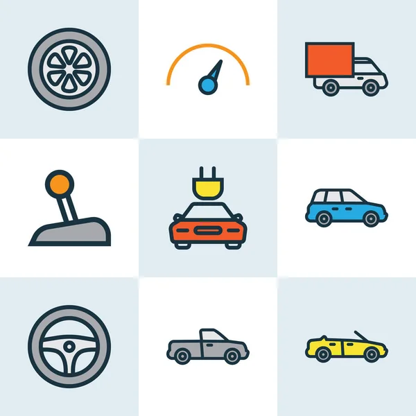 Auto pictogrammen gekleurde lijn ingesteld met snelheidsmeter, pickup, crossover en andere elektrische elementen. Geïsoleerde vector illustratie auto pictogrammen. — Stockvector