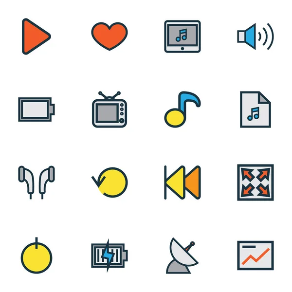 Multimedia icons colored line set with communication antenna, earmuff, application and other quaver elements. Isolated vector illustration multimedia icons. — Stock Vector