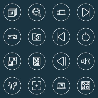 Multimedya simgeler satır stil kümesi albüm, kulaklık, zoom out ve diğer öğeleri büyütme. İzole vektör çizim Multimedya simgeler.