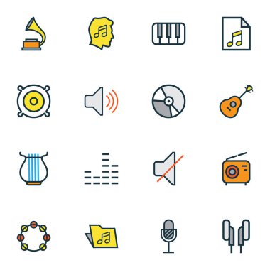 Multimedya simgeler renkli çizgi ile radyo, timbrel, klasör ve diğer hoparlörler öğeler ayarlayın. İzole vektör çizim Multimedya simgeler.