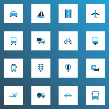 Ulaşım simgeler kümesi işareti, yol, tramvay ve diğer trafik ışığı elemanları renkte. İzole vektör çizim ulaşım simgeler.
