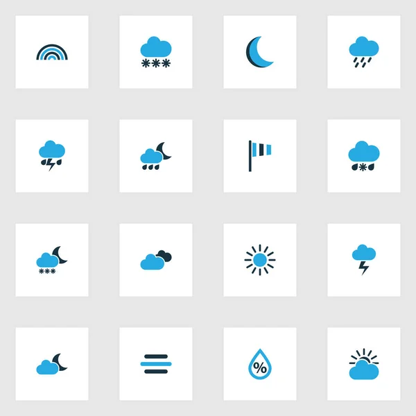 Iconos meteorológicos coloreados con nieve, bandera, noche y otros elementos de arco. Iconos de tiempo de ilustración vectorial aislado . — Vector de stock