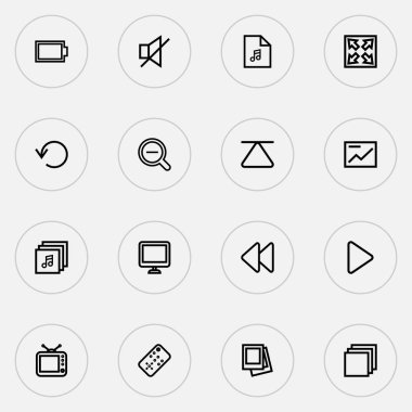 Kategoriler, ekran, üst ve diğer büyüteçlerle çokluortam simge çizgisi biçimi belirlendi. İzole vektör illüstrasyon multimedya simgeleri.