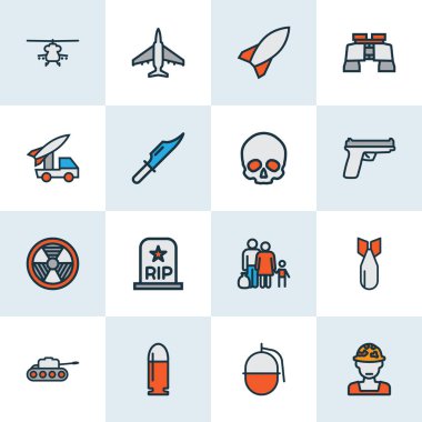 Savaş ikonları topçu, silah, askeri helikopter ve diğer kafatasları ile renklendirildi. İzole vektör illüstrasyon savaş simgeleri.