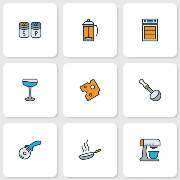 Gastronomy icons colored line set with cheese, hot pan, oven and other beater elements. Isolated vector illustration gastronomy icons. — 스톡 벡터
