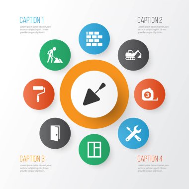 Aletler, kapı, duvar boyacısı ve diğer giriş elementleriyle birlikte mimari simgeleri oluşturuldu. İzole vektör illüstrasyon mimari simgeleri.