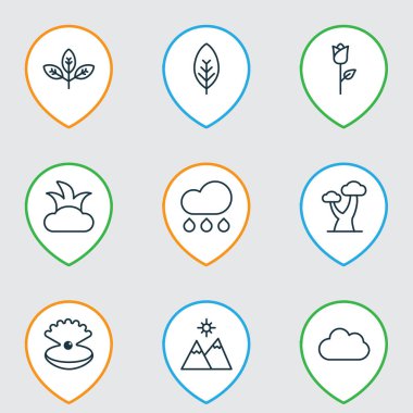 Manzara simgeleri dal, sağanak yağmur, dağlar ve diğer yağmur elementleriyle oluşturuldu. İzole vektör illüstrasyon manzara simgeleri.