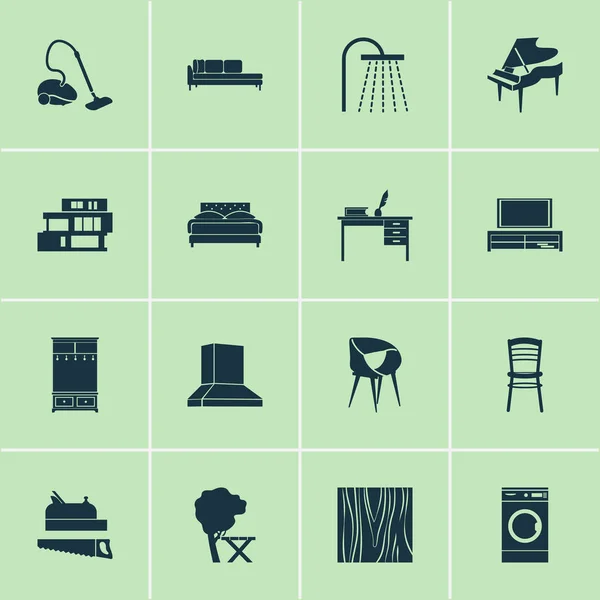 Lakásikonok piknikasztallal, stílusos székkel, asztalos szerszámokkal és egyéb munkahelyi elemekkel. Izolált vektor illusztráció ház ikonok. — Stock Vector