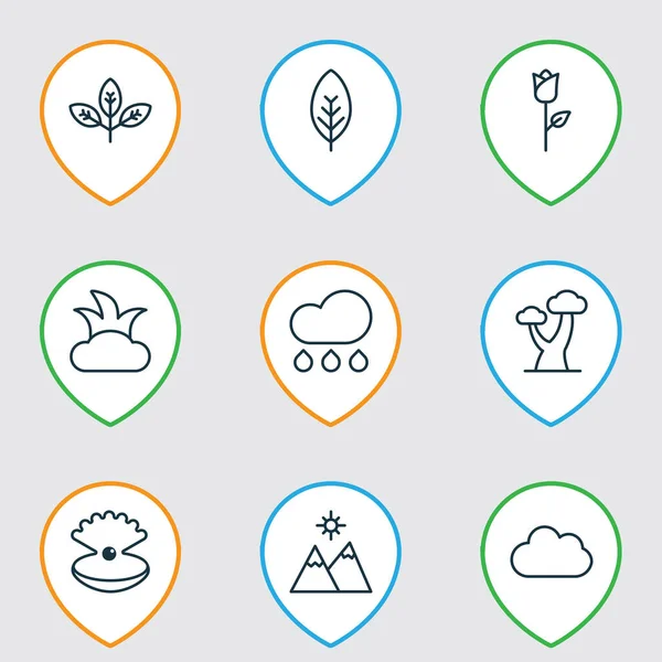 Krajinné ikony s větví, mraky, horami a dalšími prvky deště. Izolované ikony vektorové ilustrace krajiny. — Stockový vektor