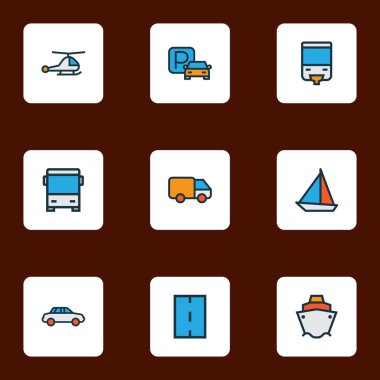 Sevkiyat simgeleri araba, otobüs, yelkenli tekne ve diğer yat unsurlarıyla birlikte ayarlandı. İzole vektör sevkiyat simgeleri.