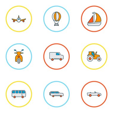 Ulaşım simgeleri jip, uçak, hava balonu ve diğer yat elementleriyle birlikte ayarlandı. İzole vektör illüstrasyon taşıma simgeleri.