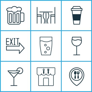 Kafe ikonları bira, masa, çıkış işareti ve diğer moka elementleriyle ayarlandı. İzole vektör illüstrasyon kafesi simgeleri.
