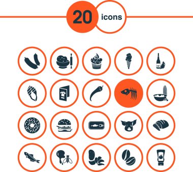 Hamburger, domuz, sardalya ve diğer balık iskelet elementleriyle besin ikonları. İzole vektör illüstrasyon beslenme simgeleri.