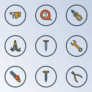 El aletleri simgeleri elektrikli çekiç, pense, çivi ve diğer testerelerle renklendirildi. İzole vektör illüstrasyon el araçları simgeleri.