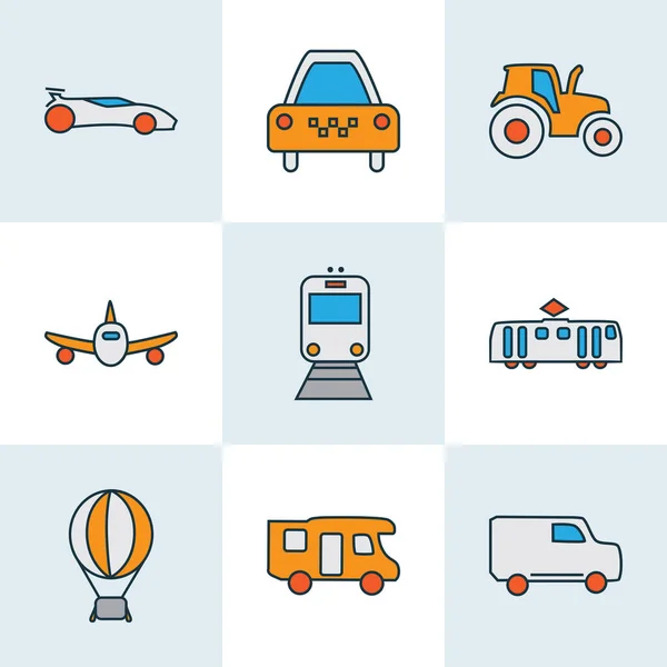 Iconos de tránsito de color conjunto de línea con tractor, autocaravana, coche deportivo y otros elementos del coche de la agricultura. Iconos de tránsito de ilustración vectorial aislado . — Vector de stock