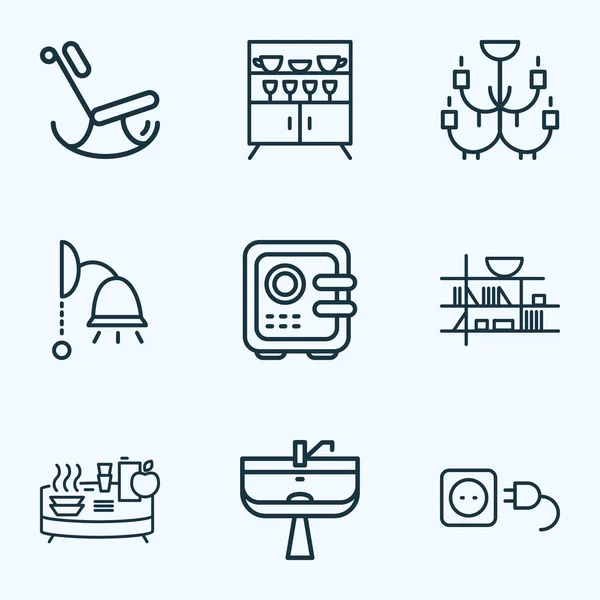 Home decoratie pictogrammen lijn stijl set met stopcontact, kroonluchter, wassen standaard plafond lam elementen. Geïsoleerde vector illustratie home decoratie pictogrammen. — Stockvector