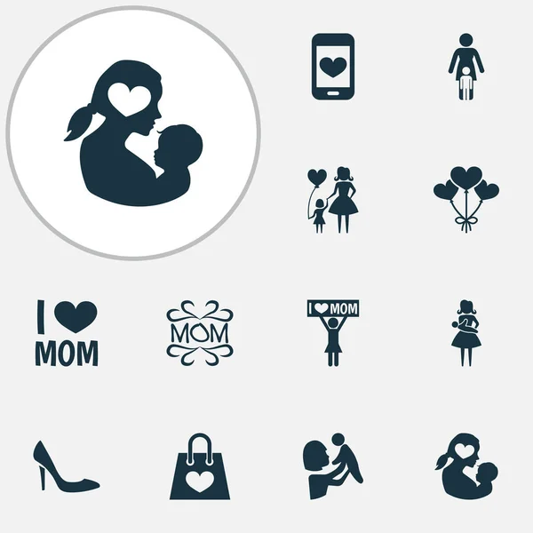Muttertag Ikone Design Konzept. Set aus 12 Elementen wie ich liebe Mama, Luftballon und Einkaufstasche. Schöne Symbole für Mutter, Baby und Pflege. — Stockvektor